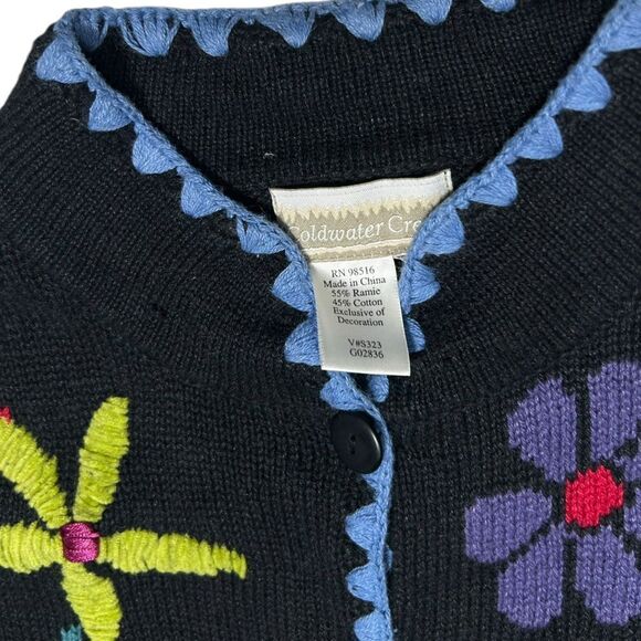 Coldwater Creek Black Knit Sweater Floral Embroidery Colorful Flowers Cardigan - Picture 2 of 6